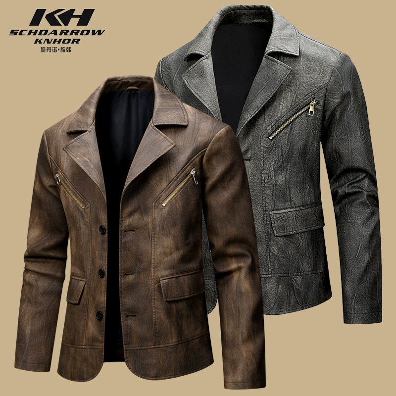 Европейский и американский мужской кожаный костюм топ мотоциклистов с отворотом мужской ретро PUpo кожаный пиджак прилив новый узкое пальто мужской