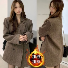 夹棉加厚咖色中长款西装呢子大衣女秋冬季加绒外套高级感小个子潮