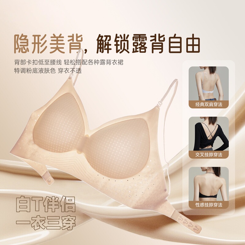 Large Backless Invisible Liquid Foundation Bra for Women, Push-Up Beautiful Back, Ice Skin Cool Feeling Fixed Cup Seamless Bra, Summer Thin Style