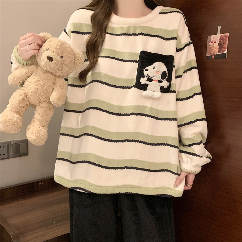 Black pants with green striped dog velvet