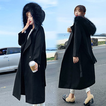 一件代发2022韩版冬装貉子毛领双排扣长款毛呢大衣外套女装H06