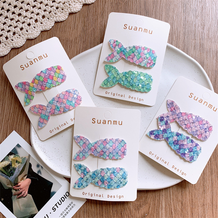 Children's shiny mermaid tail colored hair clip cute girl side fringes BB clip baby princess bangs clip