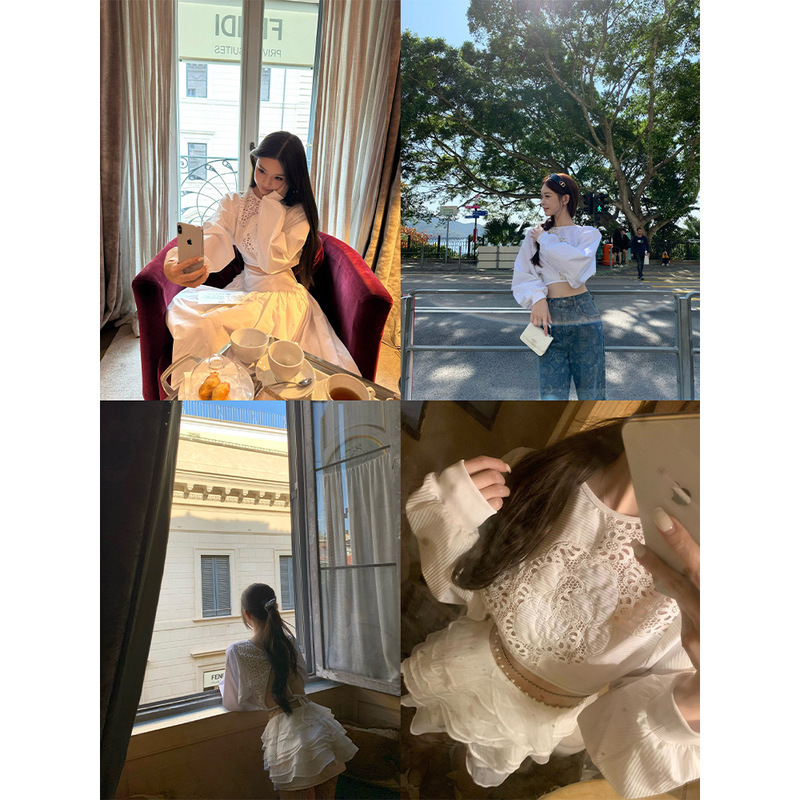 早安樊樊私服 JUE美山茶花!小香镂空露背设计气质短上衣女秋|undefined