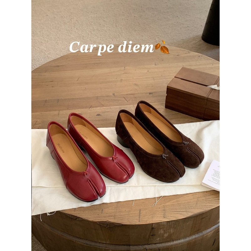 Sheepskin~Grapema Same Style 4cm Genuine Leather Pig's Trotters High Heels Women's Pleated Ballet Shallow Mouth Single Shoes Thick Heel Split-Toe Shoes