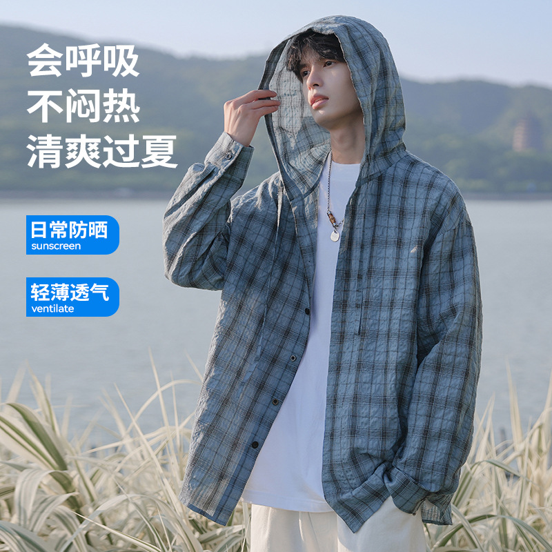 NASA Summer All-Match American Style plus size Hooded Plaid Long Sleeve Shirt Lightweight Breathable Sun Protection Shirt Jacket