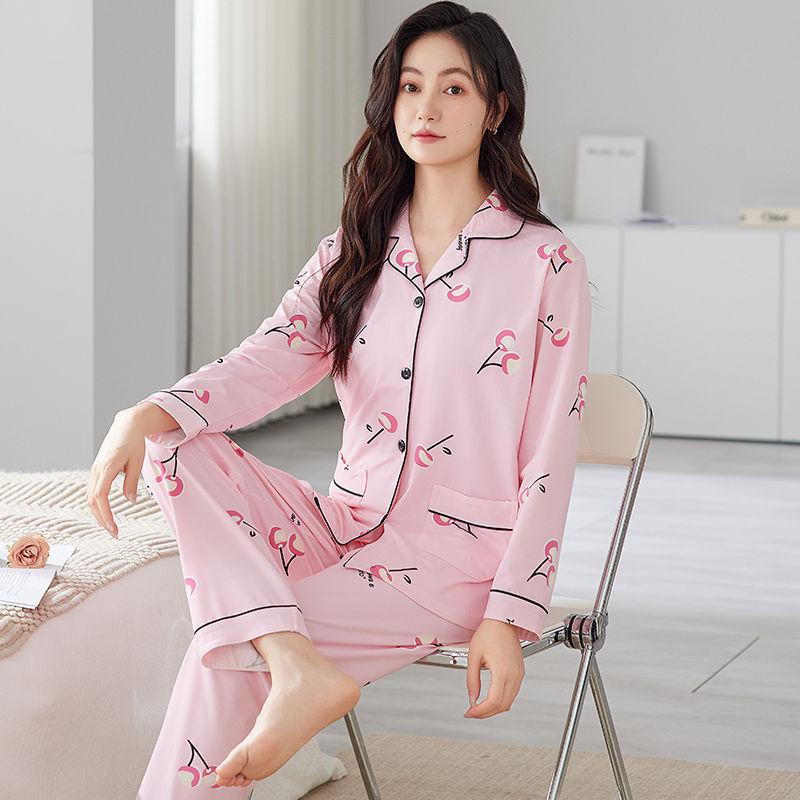 Pijama de algodón para mujeres primavera y otoño cardigan de manga larga suelta grande se puede usar ropa de casa dos piezas