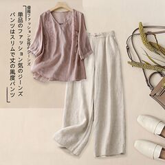 お母さんの夏服の天糸麻のスーツの女性の夏の新型の気質の刺繍の上着のゆったりしている広腿のズボンの2つのセット