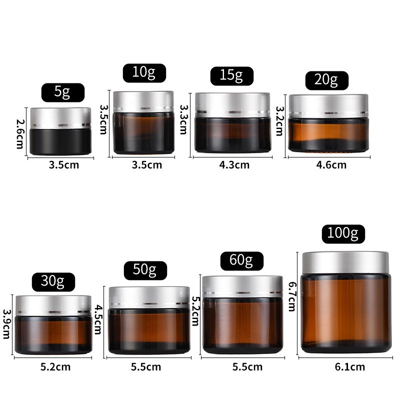 Tarro de crema de vidrio marrón de 50 g, tarro de crema facial y para ojos de 30 g, tarro de embalaje cosmético a prueba de luz de 100 g, botella a prueba de luz