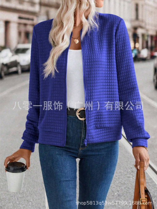 现货批发亚马逊热销新款欧美女装长袖拉链纯色拼接开衫纯色外套女|undefined