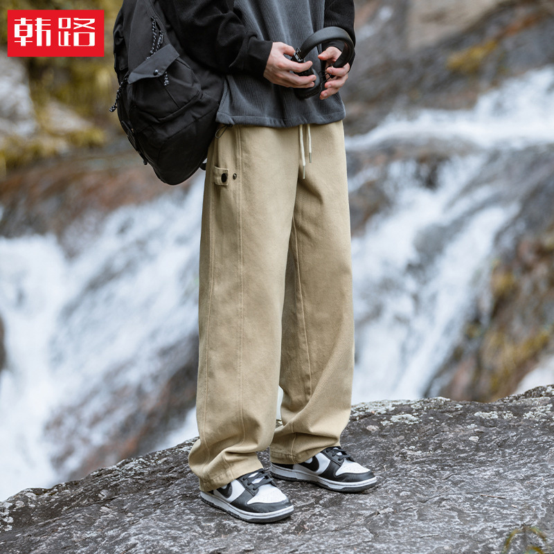 Pure Cotton Twill Texture Casual Pants, New Spring Model with Adjustable Design, Patchwork Vintage Trendy Brand Loose Long Pants Pure Cotton Twill Texture Casual Pants, New Spring Model with Adjustable Design, Patchwork Vintage Trendy Brand Loose Long Pants