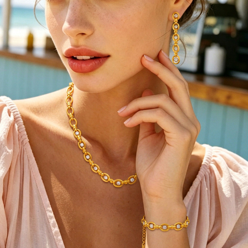 Xinduoduo European and American Stainless Steel 18K Gold Necklace, Bracelet, Earrings, Light Luxury High-End Feel, Cross-Border Hot-Selling Titanium Steel Jewelry