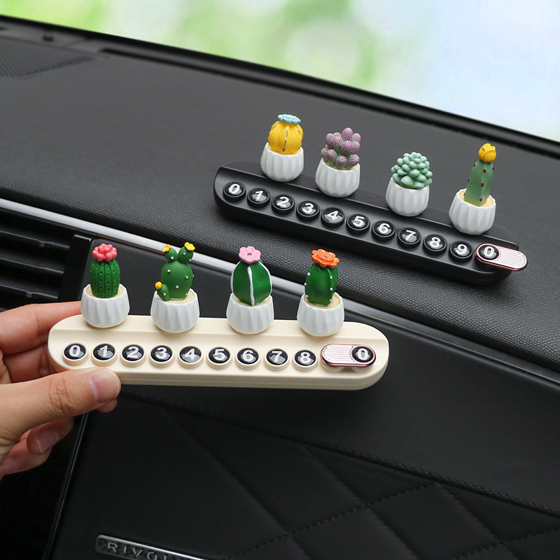 Suculentas plantas en macetas, placas de matrícula de estacionamiento temporal, teléfonos de automóviles, placas de matrícula en movimiento, tarjetas de transferencia de automóviles, adornos de accesorios se pueden ocultar