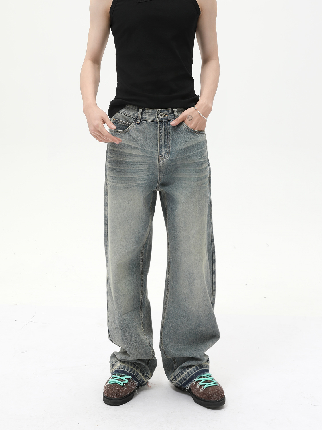 MTLCLOTHES para hombre | Vaqueros sueltos rectos casuales de todo fósforo de la calle alta