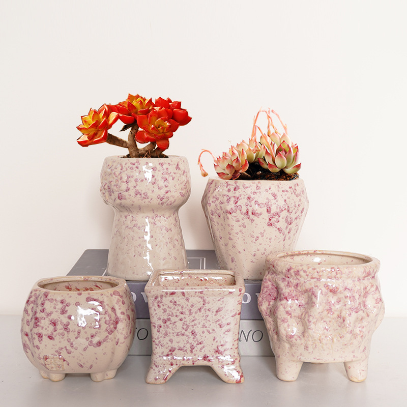 Succulent flower pot made of ceramic with ice crackle pattern, cute rustic pottery, simple hand-painted, creative and unique, breathable, vintage style, suitable for home desktop decoration