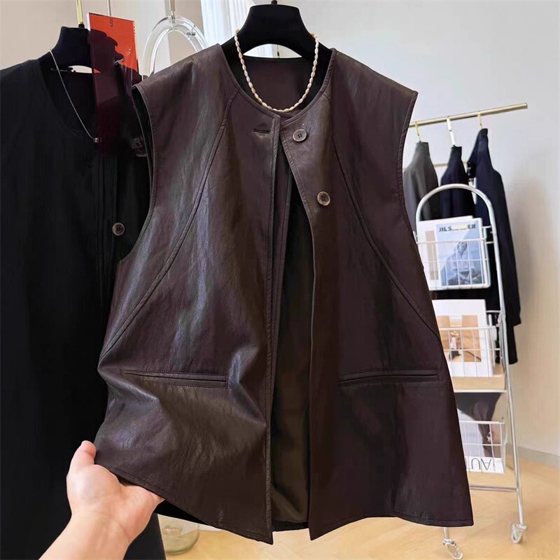 Leather Vest for Women 2026 Spring and Autumn New Style for Plus-Size Girls, Round Neck Sleeveless Layered Vest Jacket with a High-End Feel Leather Vest for Women 2026 Spring and Autumn New Style for Plus-Size Girls, Round Neck Sleeveless Layered Vest Jacket with a High-End Feel