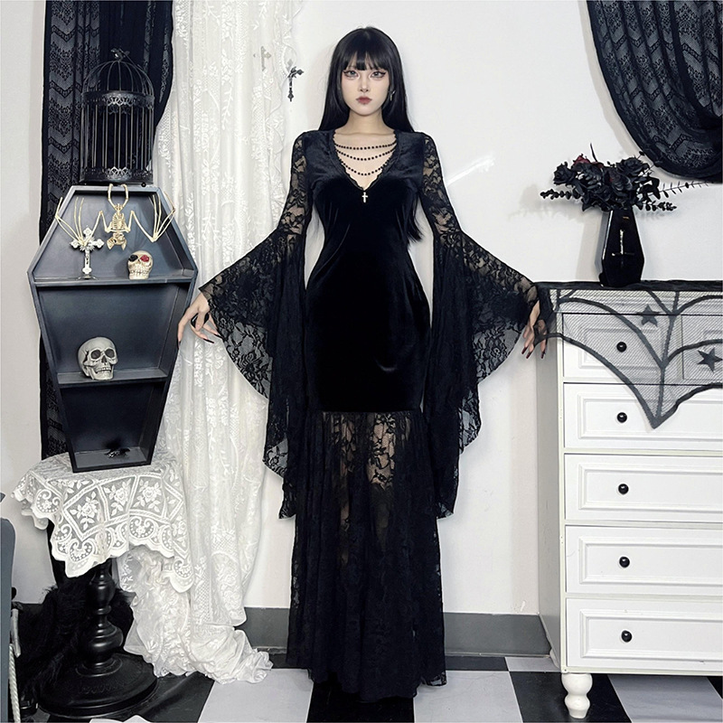 XY24358 autumn 2024 new cross-border European and American style temperament bat sleeve lace stitching velvet dress women
