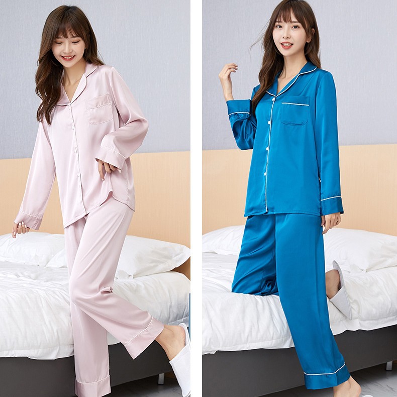 공장 단색 잠옷 세트 긴 소매 바지 새틴 쉬폰 여성 카디건 홈 의류 캐주얼 세트 우아한