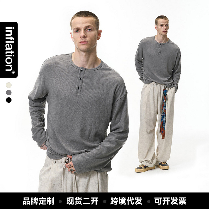 Jie Zhan Men's Clothing | Lazy Henry Long-Sleeved 26 Autumn New Fashion Brand Cleanfit Pure Color Casual T-Shirt Top Jie Zhan Men's Clothing | Lazy Henry Long-Sleeved 26 Autumn New Fashion Brand Cleanfit Pure Color Casual T-Shirt Top