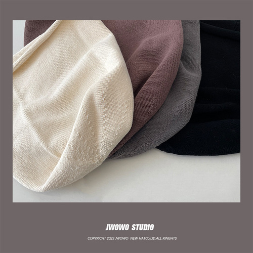 Japanese solid color rolled edge pile hat for women spring and autumn Korean style loose thin knitted cold hat ear protection bag head hat for men trendy