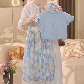 女童夏季冰丝套装2025新款夏装洋气小飞袖上衣儿童碎花苞裤两件套