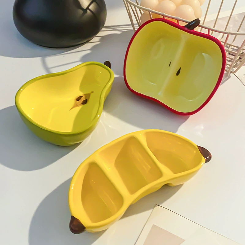Ceramic fruit‑shaped snack plates, mini compartment dishes (apple, pear, banana)