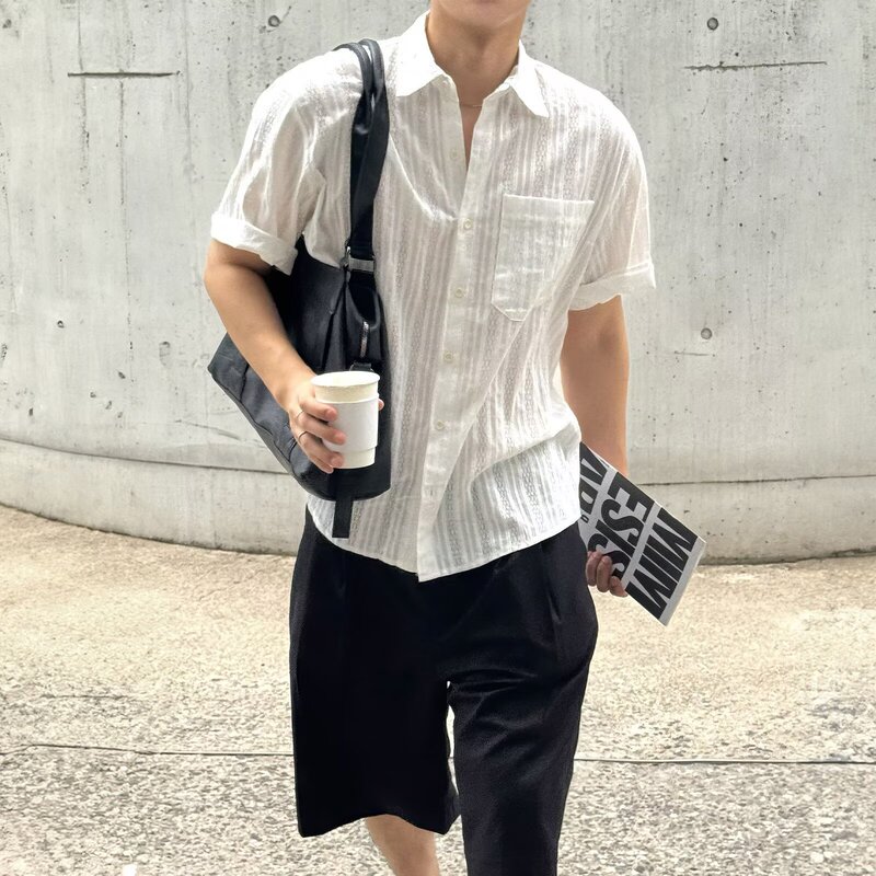 American Retro Textured Shirt Men's Short-Sleeved Summer Casual Trendy Shirt Men's High-End Trendy Brand Handsome Shirt