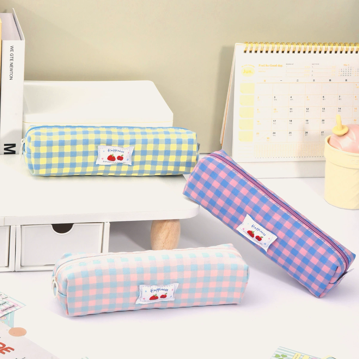 Японский стиль, клетчатый, милый, простой, синий, клетчатый, квадратный пенал, студенческий компактный портативный мешок для хранения канцелярских принадлежностей