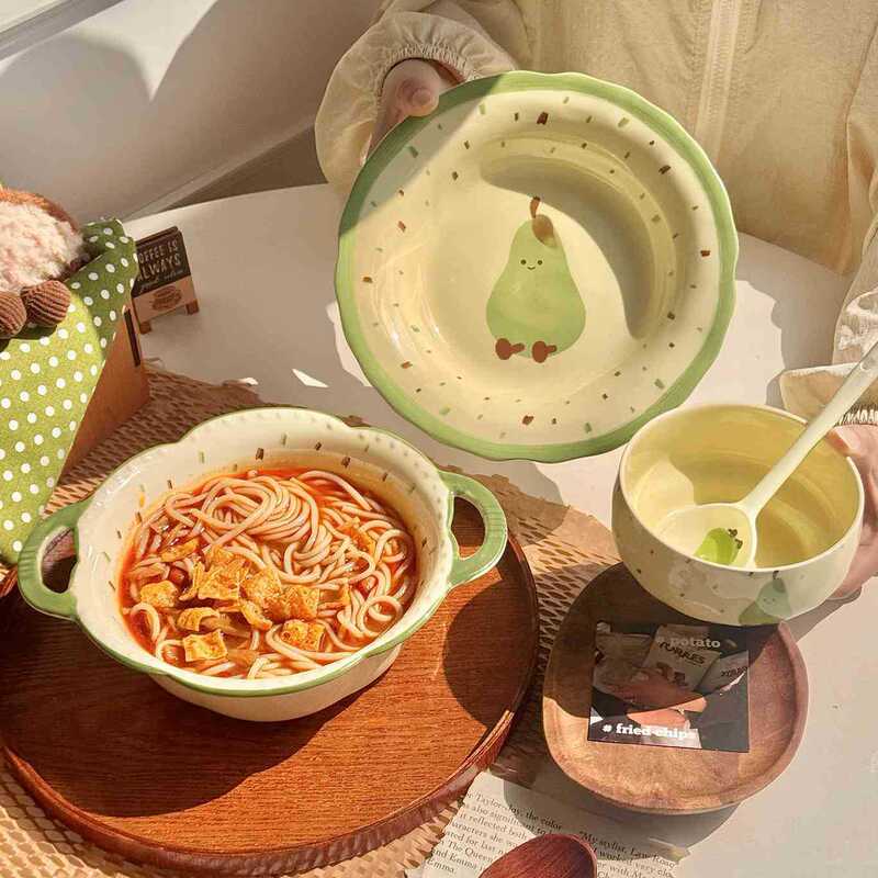 【Green Pear】Fruit-Themed Underglaze Color Ceramic Tableware Set with a Girly Touch, Ins-Style Ceramic Bowls and Plates, Large Soup Bowl 【Green Pear】Fruit-Themed Underglaze Color Ceramic Tableware Set with a Girly Touch, Ins-Style Ceramic Bowls and Plates, Large Soup Bowl