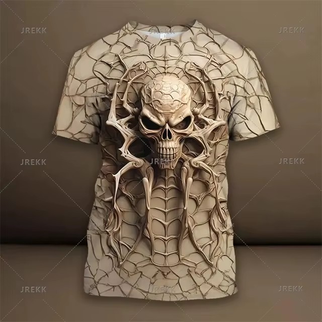 Verano calle todo-fósforo suelto cuello redondo manga corta transpirable camiseta de hombre thriller esqueleto relieve impresión digital 3D