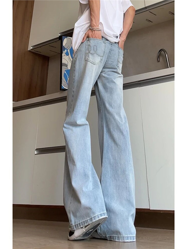 浅蓝色阔腿弯刀牛仔裤男夏季高腰显瘦裤子美式高街vibe修身微喇裤|undefined
