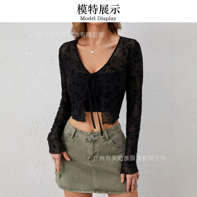 2026 Cross-Border European and American Style New Women's Fashion Transparent Mesh Velvet Front-Tie Sexy Slim-Fit Top for Women
