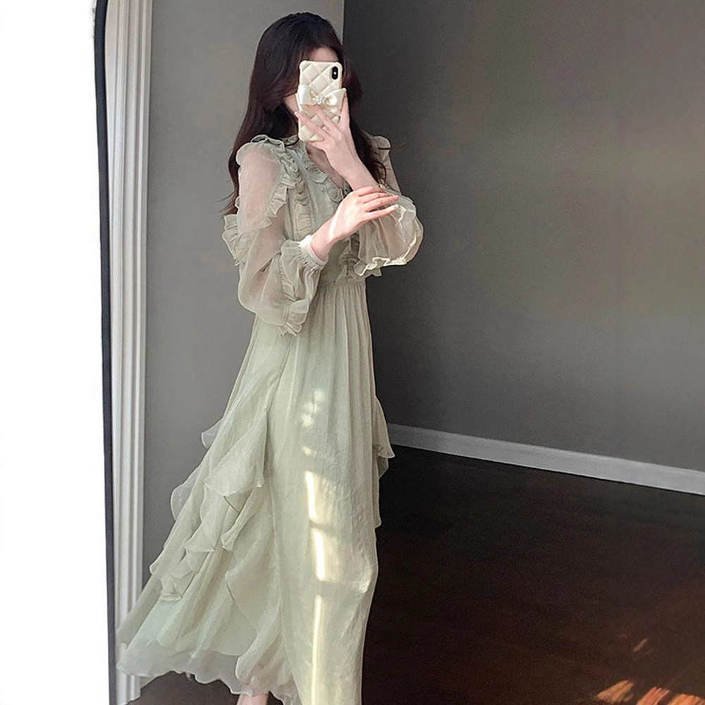 Đầm maxi nữ thắt eo voan Pháp tay bồng xếp tầng mùa hè — Màu xanh lục nhạt