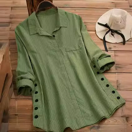 2024 новый стиль с длинными рукавами свободная женская рубашка на пуговицах карманные полоски дикий топ