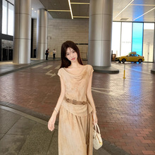 实拍 小众棉麻晕染气质收腰上衣百搭松紧腰半身裙套装韩版女装