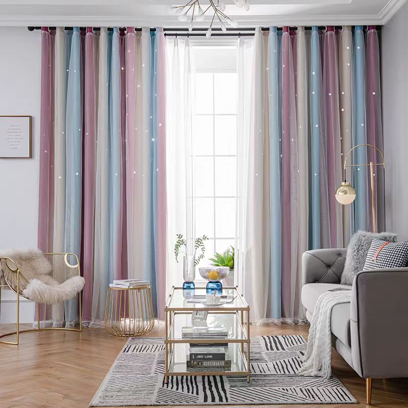 comercio exterior transfronterizo doble rayas graduadas huecas estrellas cortina tela de tela de sombreado acabado fábrica directa de cortinas