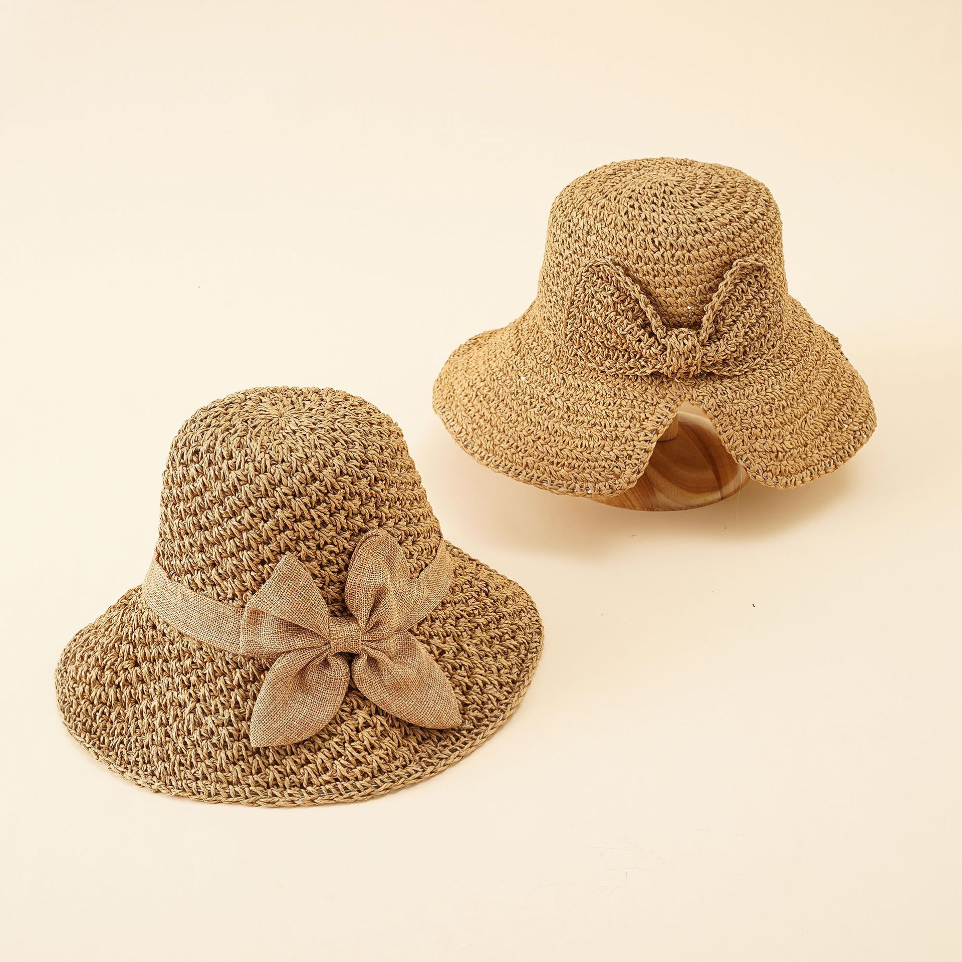 Nuevo verano fresco sol sombrero paja sombrero de las mujeres pequeño ala pescador sombrero simple arco japonés sol sombrero