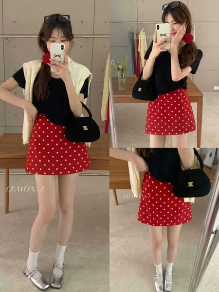 Eye-Catching Red Polka Dot Short Skirt, Spring Style, Playful and Sweet, Black and White Polka Dot A-Line Skirt, Popular Hot-Selling Skirt for Women