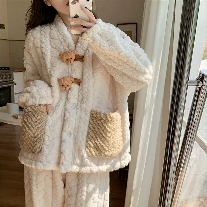 Демисезонная пижама из кораллового бархата, тёплый фланелевый комплект