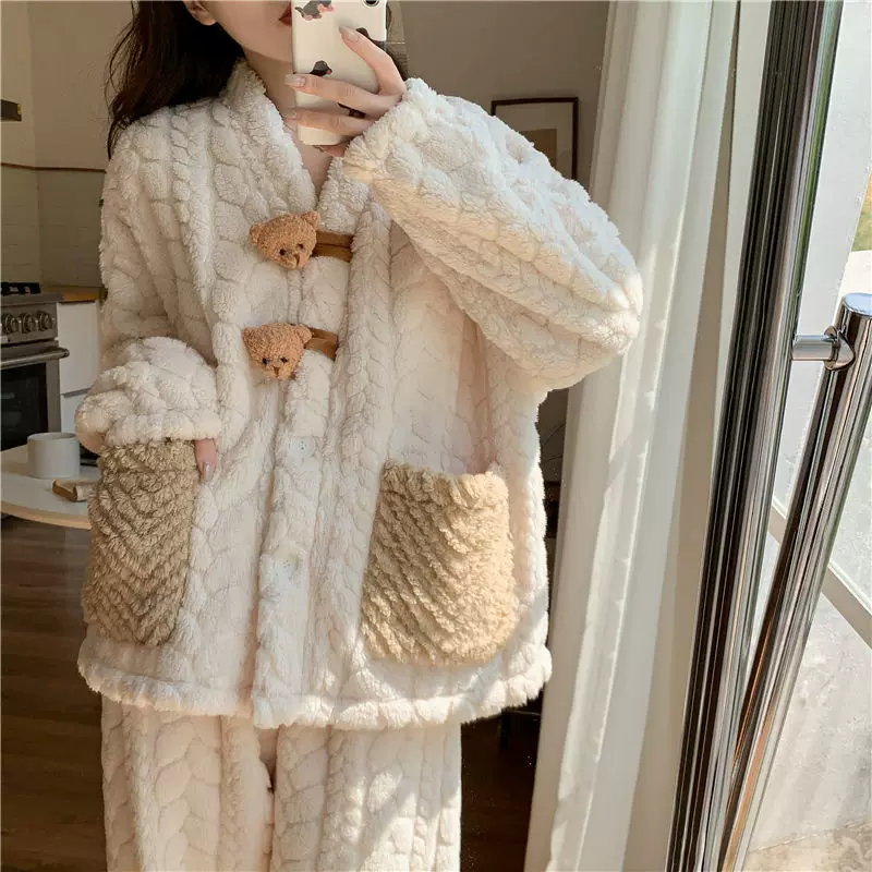 Демисезонная пижама из кораллового бархата, тёплый фланелевый комплект