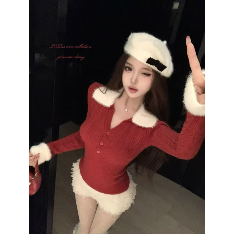 2025 Autumn/Winter Pure Desire Hot Girl Contrast Color Fur Collar Ribbed Cable Knit Sweater Slimming Top Christmas Edition