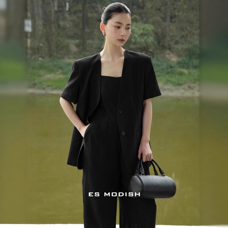 Es Modish New Summer Product V Neck Short-Sleeved Outer Suit Loose Casual Suit Jacket for Women Summer Es Modish New Summer Product V Neck Short-Sleeved Outer Suit Loose Casual Suit Jacket for Women Summer