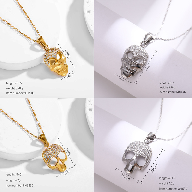 Zircon Inlay Material Pendant Necklace Classification Wholesale Jewelry Funny Cool Style Skull Titanium Steel Zircon 18K Gold Plated Inlay Pendant Necklace