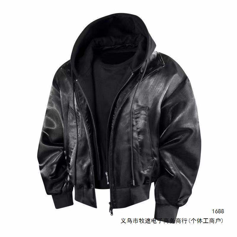 Bubble-sleeve short trendy faux two-piece waterproof jacket, men's casual outerwear, autumn/winter couple's jacket, suitable for spring and autumn Bubble-sleeve short trendy faux two-piece waterproof jacket, men's casual outerwear, autumn/winter couple's jacket, suitable for spring and autumn