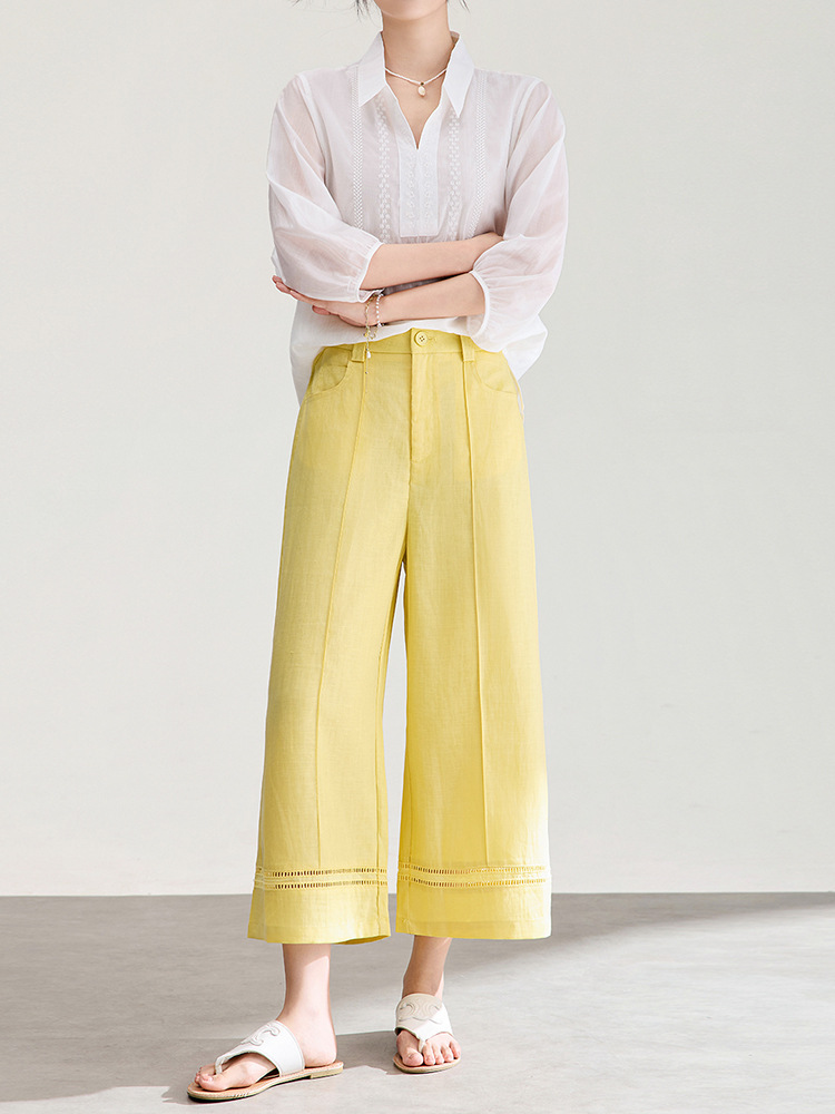 Quần culottes nữ ống rộng dáng dài 9 phần, chất liệu sợi gai dầu mỏng nhẹ mùa hè — màu xanh navy