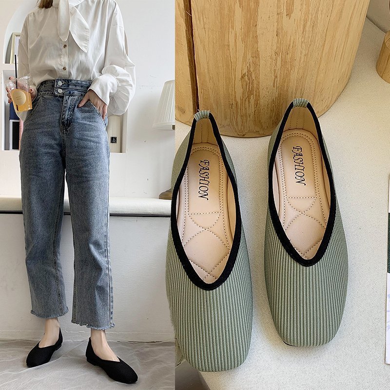 Damen Loafer Mit Eckiger Kappe Strick Slipper Bequeme Ballerinas_voghion.com