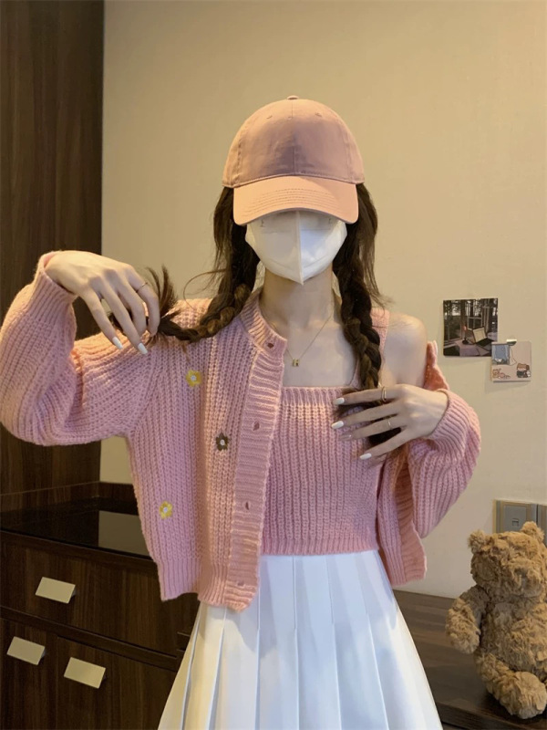 花朵刺绣针织开衫毛衣吊带两件套女2025秋冬新款显瘦外套甜辣上衣|undefined