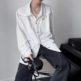 小众禁欲拉链纯色衬衫男2024春秋季休闲流行设计感垂感宽松白衬衣