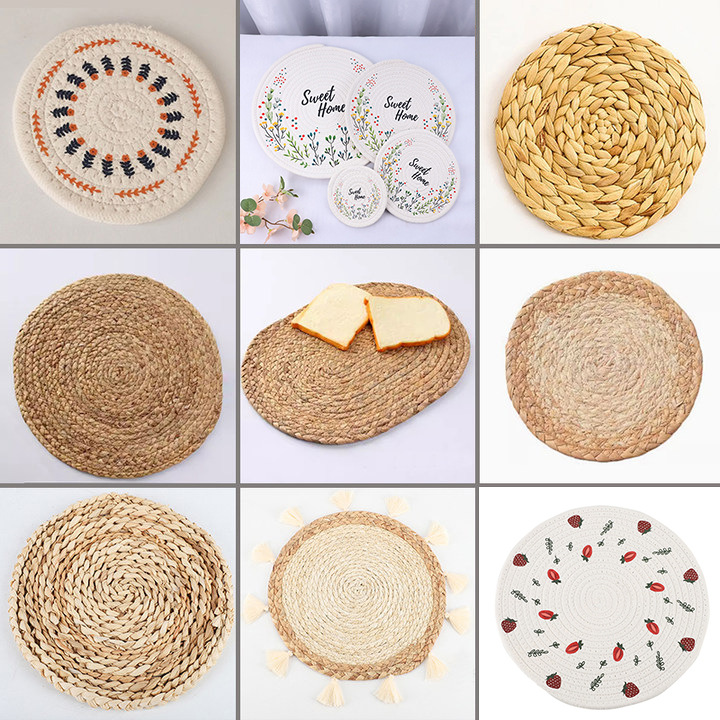 Cojín de paja transfronteriza tela de algodón impresa cojín de taza tejido a mano cojín casero de corteza de maíz cojín de mesa aislante térmico a prueba de quemaduras