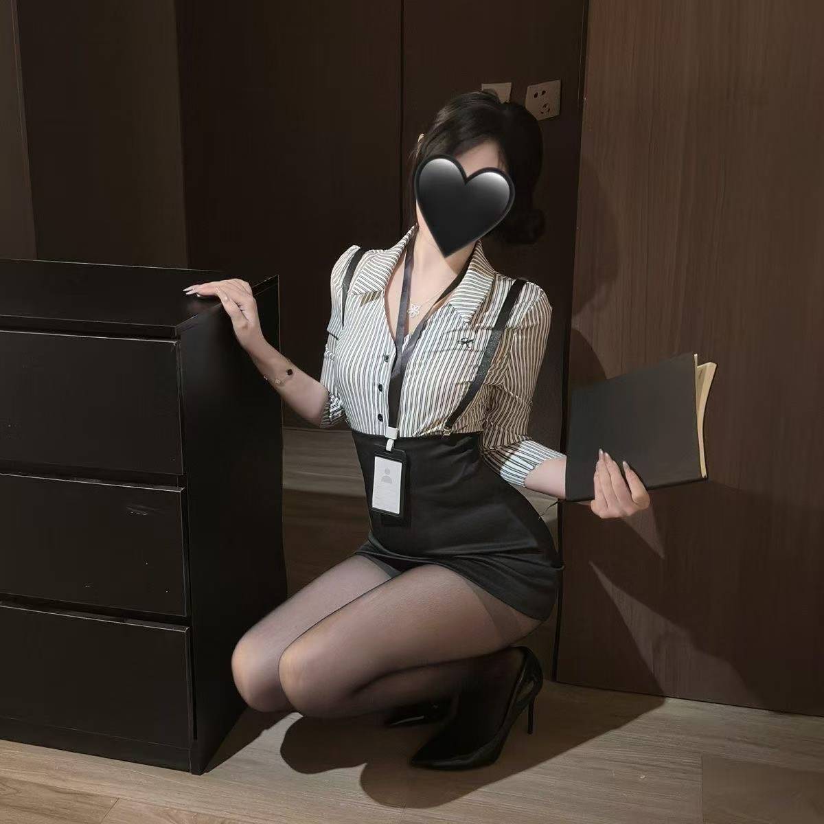 Secretary Roleplay Costume Set: Striped Shirt Top and High-Waisted Suspender Shorts with Blue Stockings — detail image 3