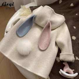 可爱连帽耳朵毛呢洋气呢大衣韩版女童宝宝加厚兔冬季夹棉外套双色